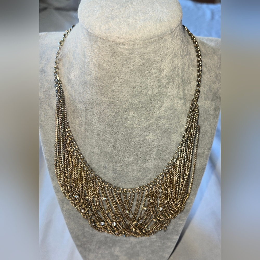 White House Black Market Gold Fringe Victorian Art Deco With Rhinestone Necklace
